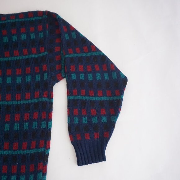Vintage Scandia Navy Teal Red Wool Patterned Crewneck Sweater Retro Eclectic M - Picture 5 of 9